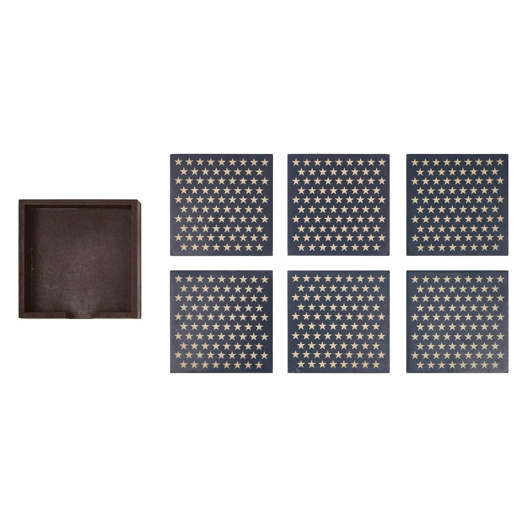 White Stars On Navy MDF Coaster w/ Container Set of 6 4x4