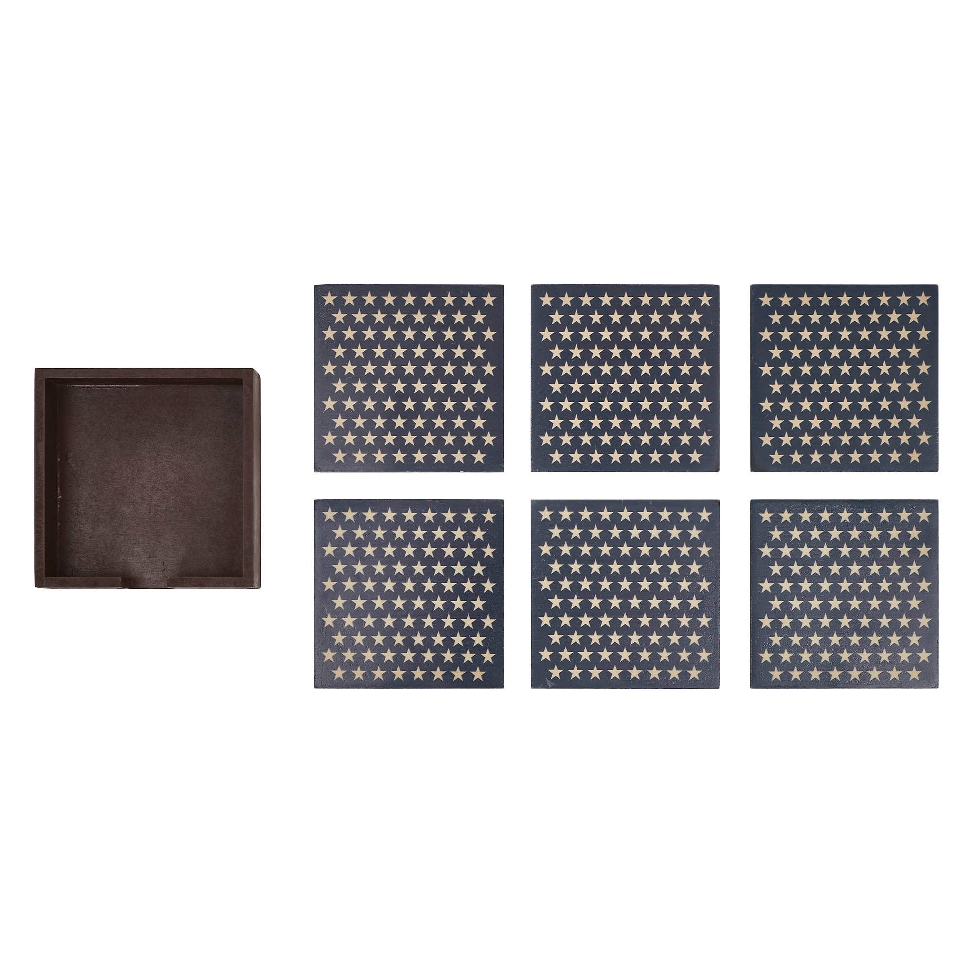 White Stars On Navy MDF Coaster w/ Container Set of 6 4x4